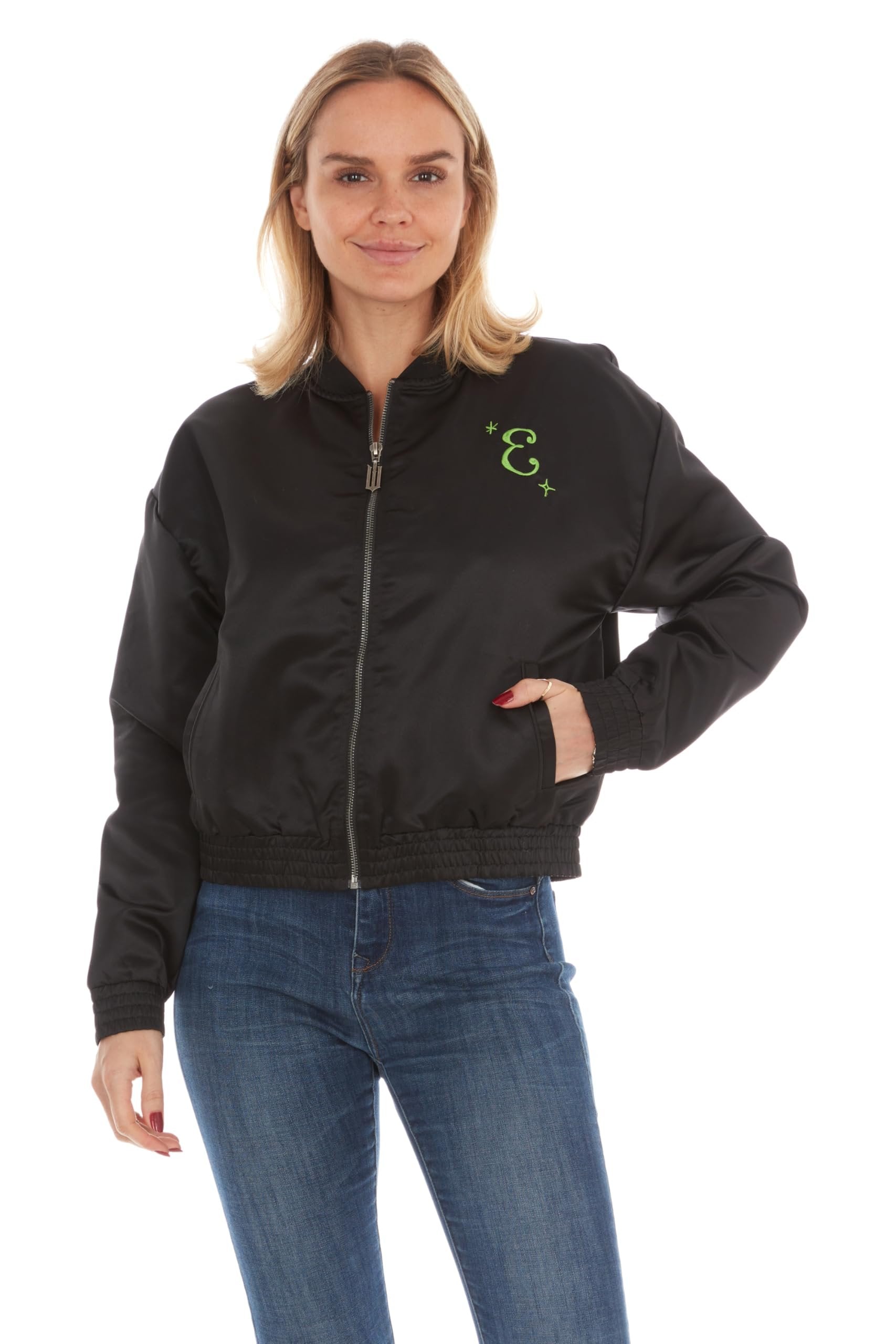 wicked Elphaba Women’s, Ladies & Juniors Satin Bomber Jacket with Embroidery & Metallic Foil Back Graphic