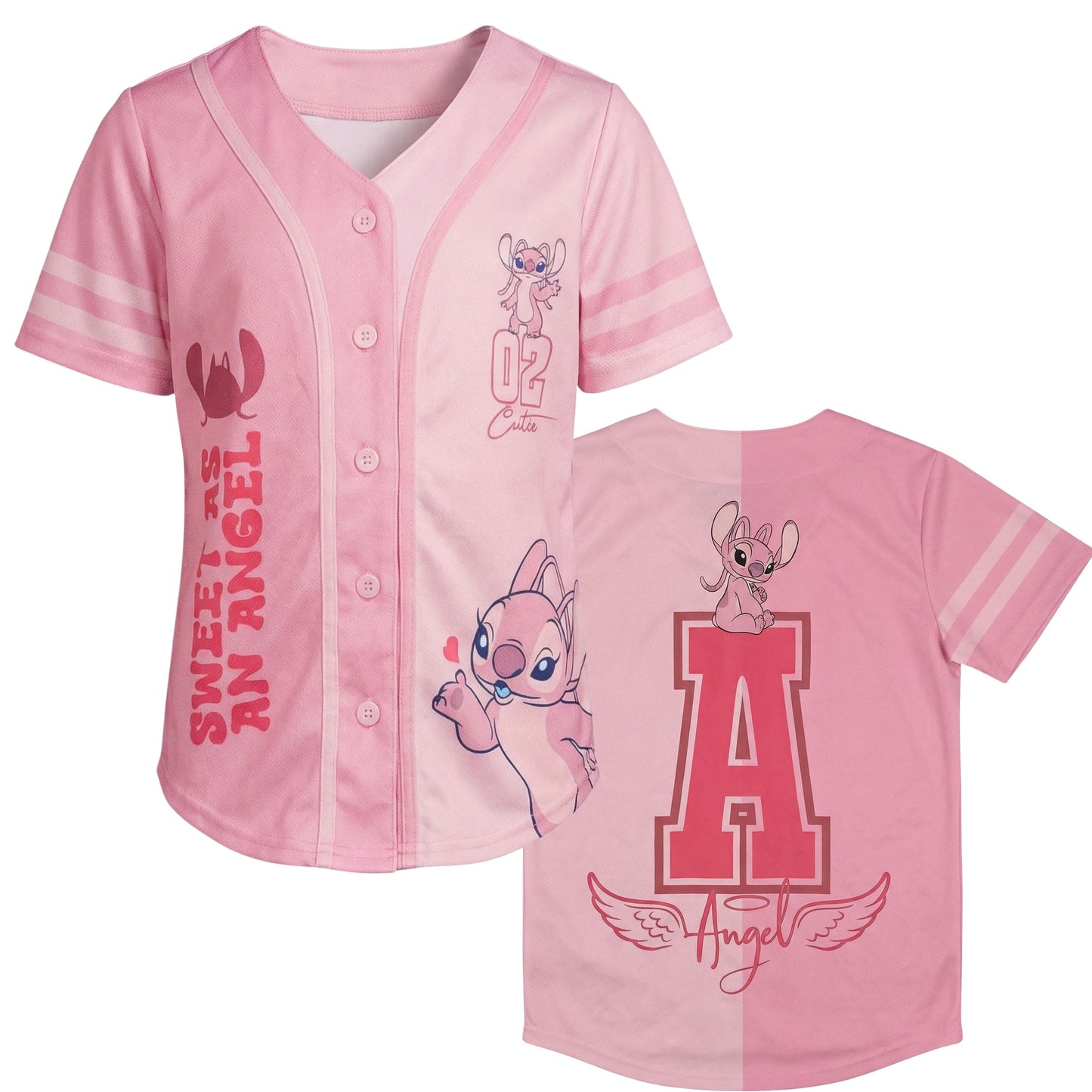 Disney Girls Baseball Jersey T-Shirt with Lilo & Stitch and Mickey Mouse- Girls Sizes 4-16 Hot Pink