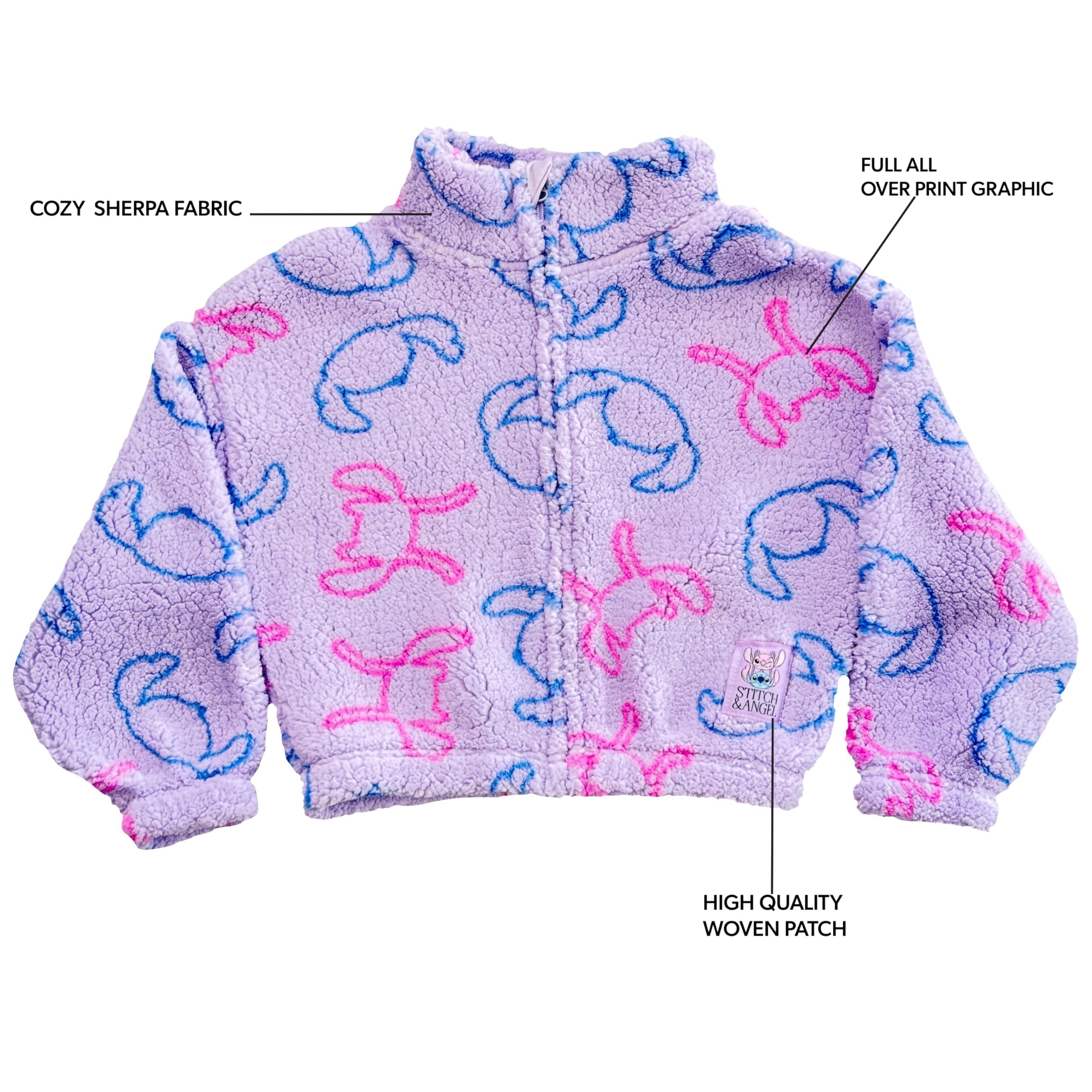 Disney Lilo & Stitch Girls Sherpa Fleece Jacket – Zip-Up Mock Neck Kids Outerwear, Official Licensed (Sizes 4–10)