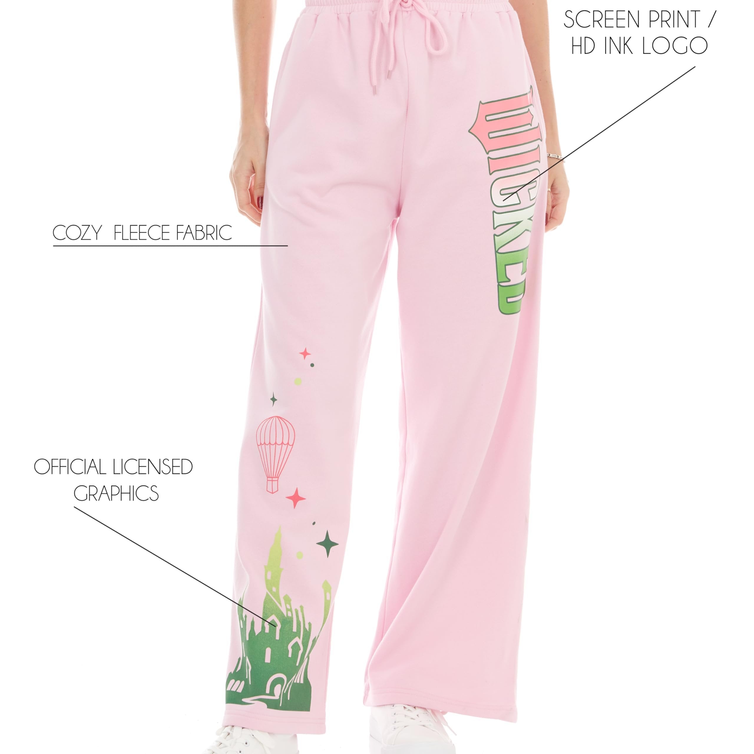 Wicked Womens Wicked Glinda & Elphaba Women’s, Ladies & Juniors Pink Wide-Leg Jogger Fleece Pant