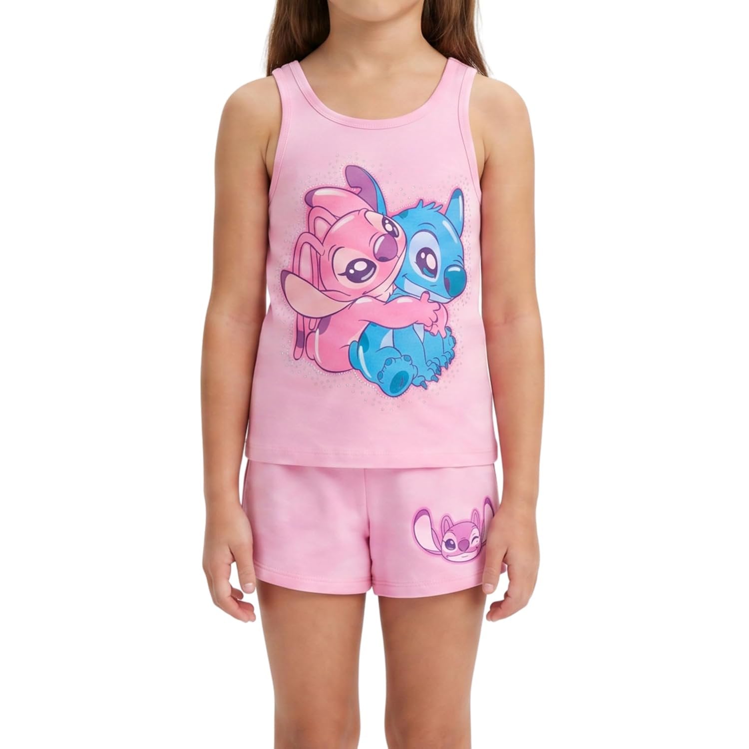 Disney Lilo & Stitch Girls 2 Piece Tank Top and Shorts Set – Gradient Rhinestone Graphic Summer Outfit
