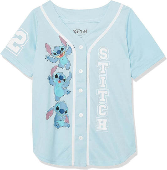 Light Blue/White Disney Girls Lilo & Stitch and Angel Baseball Jersey-Classic Mesh Button Down Shirt