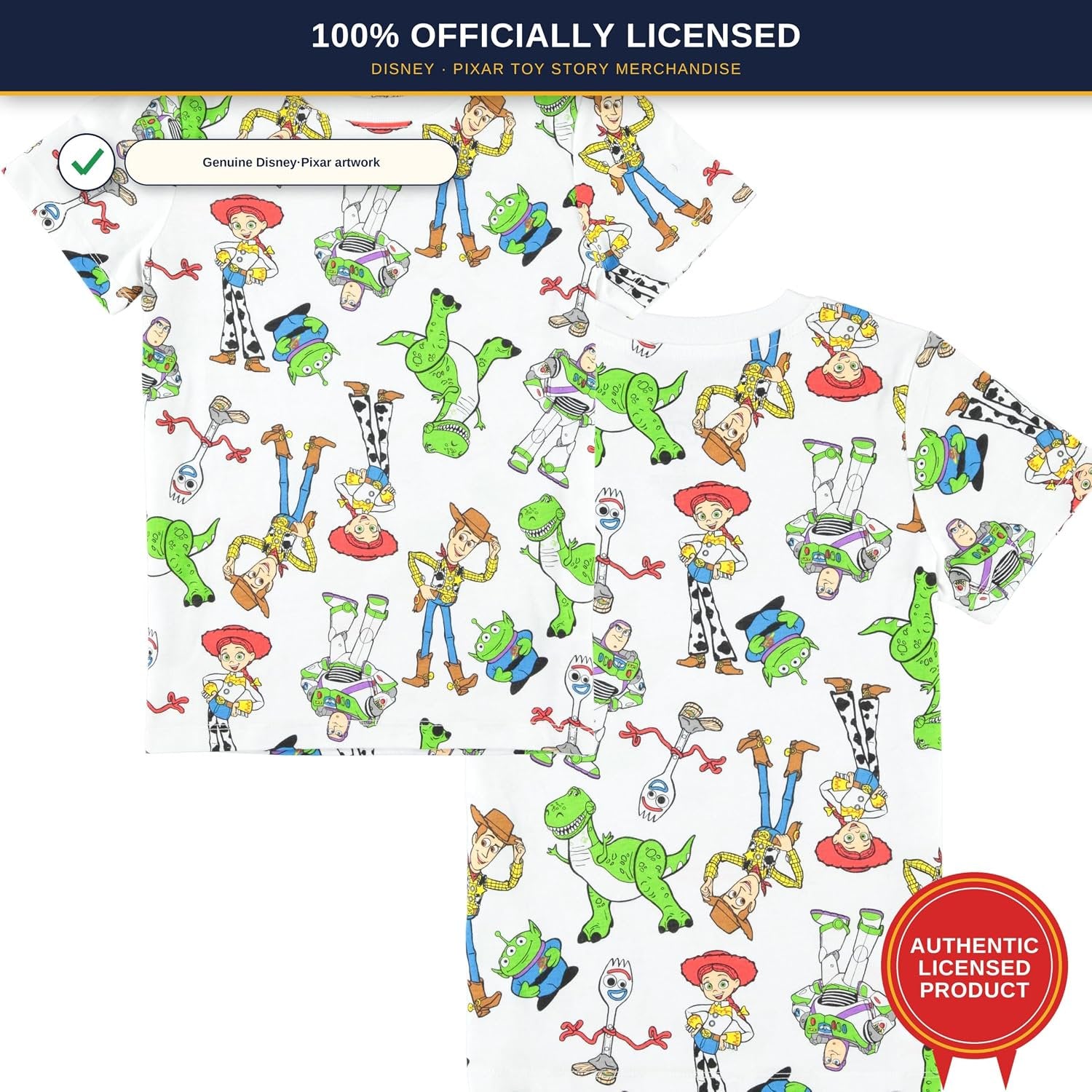 Disney Toy Story Boys Short Sleeve T-Shirt - All Over Print T-Shirt - Woody, Buzz, Forky, Jessie, Rex and Aliens