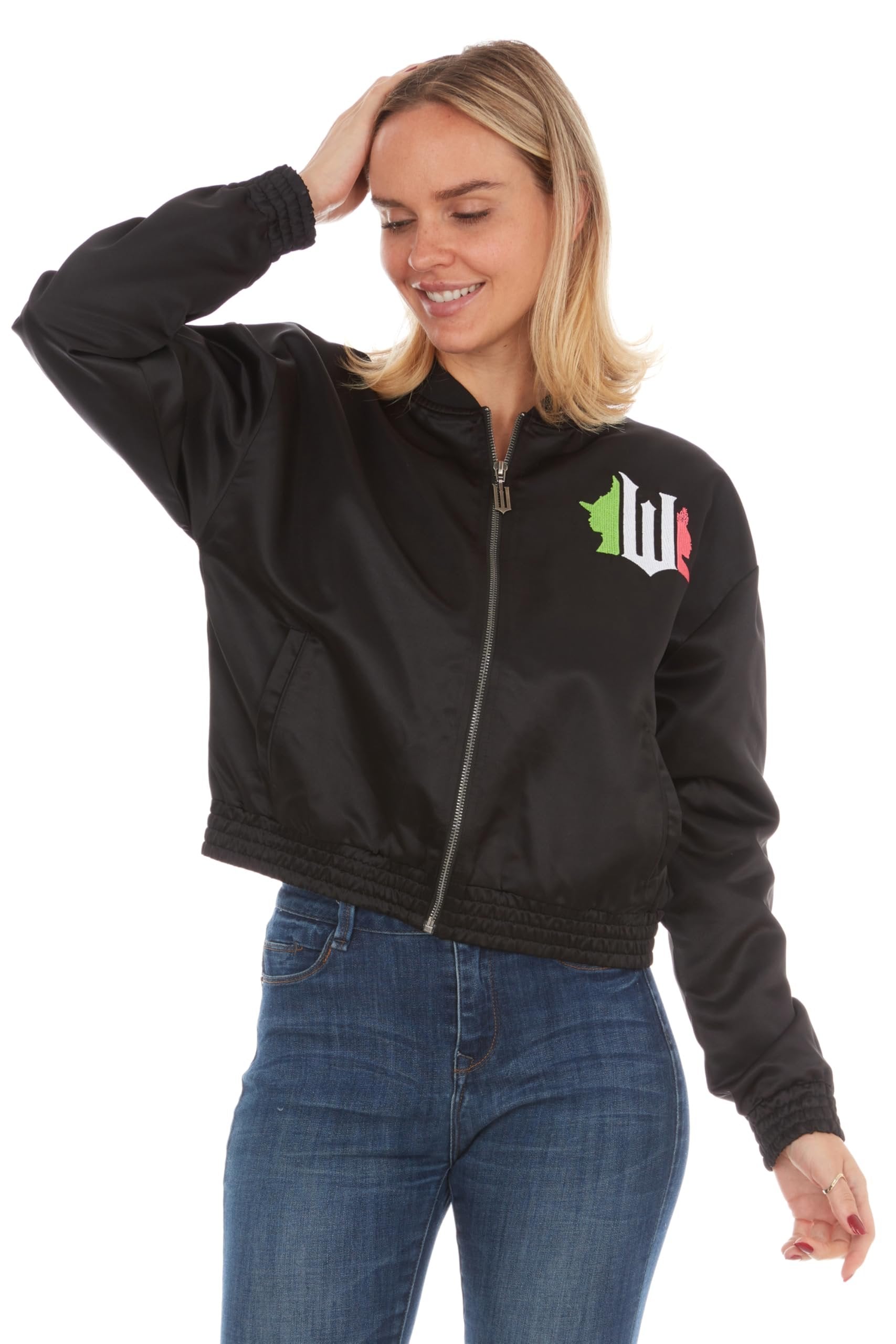 Wicked womens Wicked Women’s, Ladies & Juniors Satin Bomber Jacket With Embroidery, Applique Patches & Printed Lining