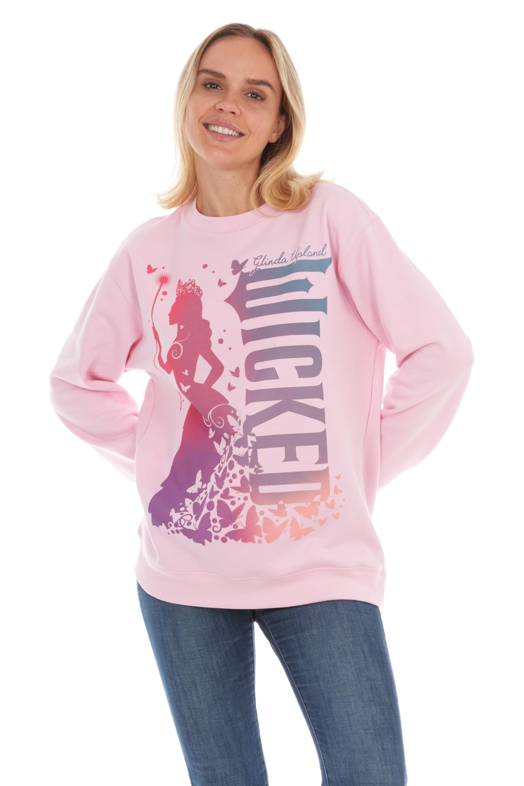 Wicked womens Wicked Glinda Women’s, Ladies & Juniors Pink Crewneck Sweatshirt With Glitter Sleeves
