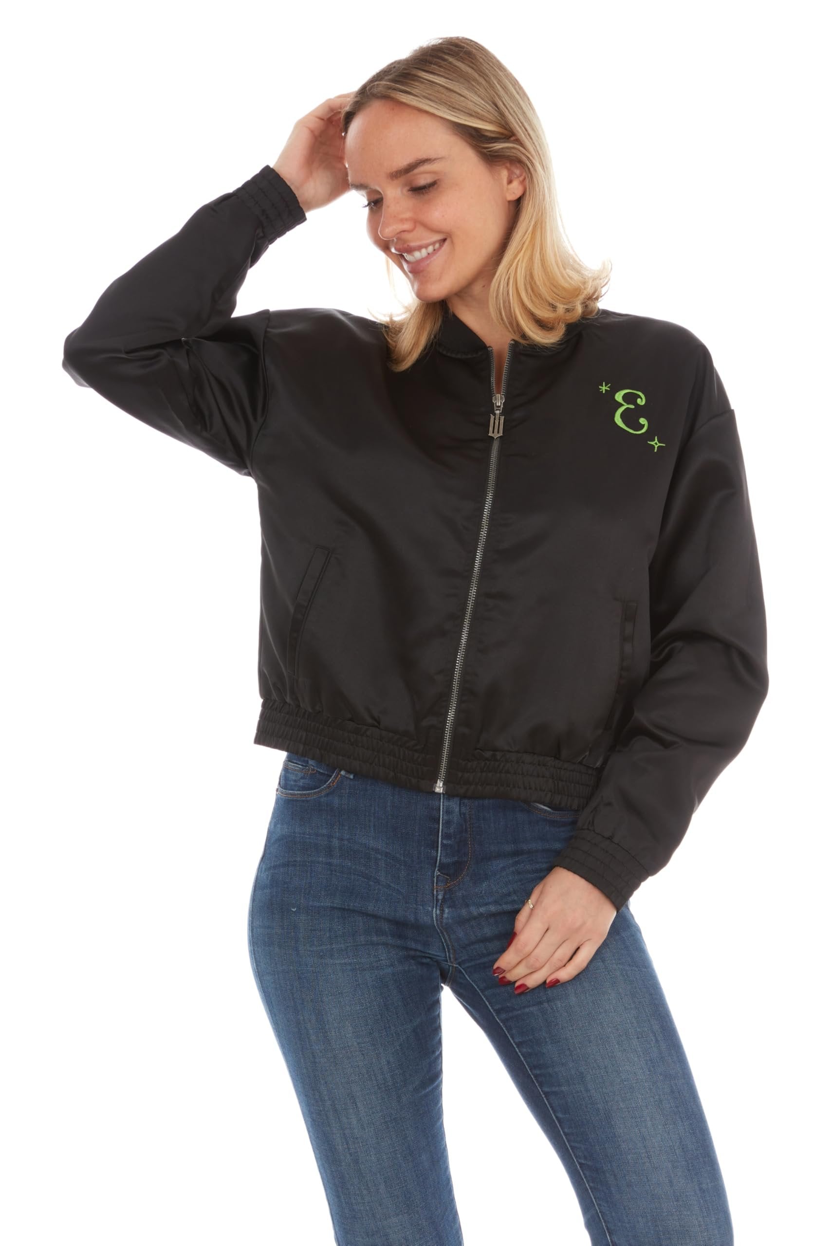 wicked Elphaba Women’s, Ladies & Juniors Satin Bomber Jacket with Embroidery & Metallic Foil Back Graphic