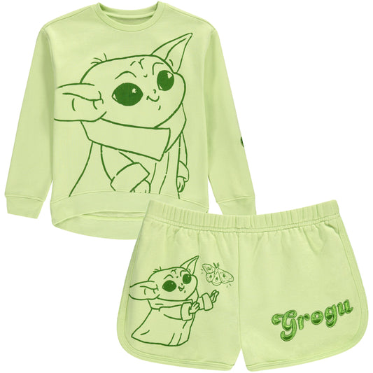 STAR WARS Girls Baby Yoda Crewneck Sweatshirt and Shorts Clothing Set- Little and Big Girl Sizes 4-16