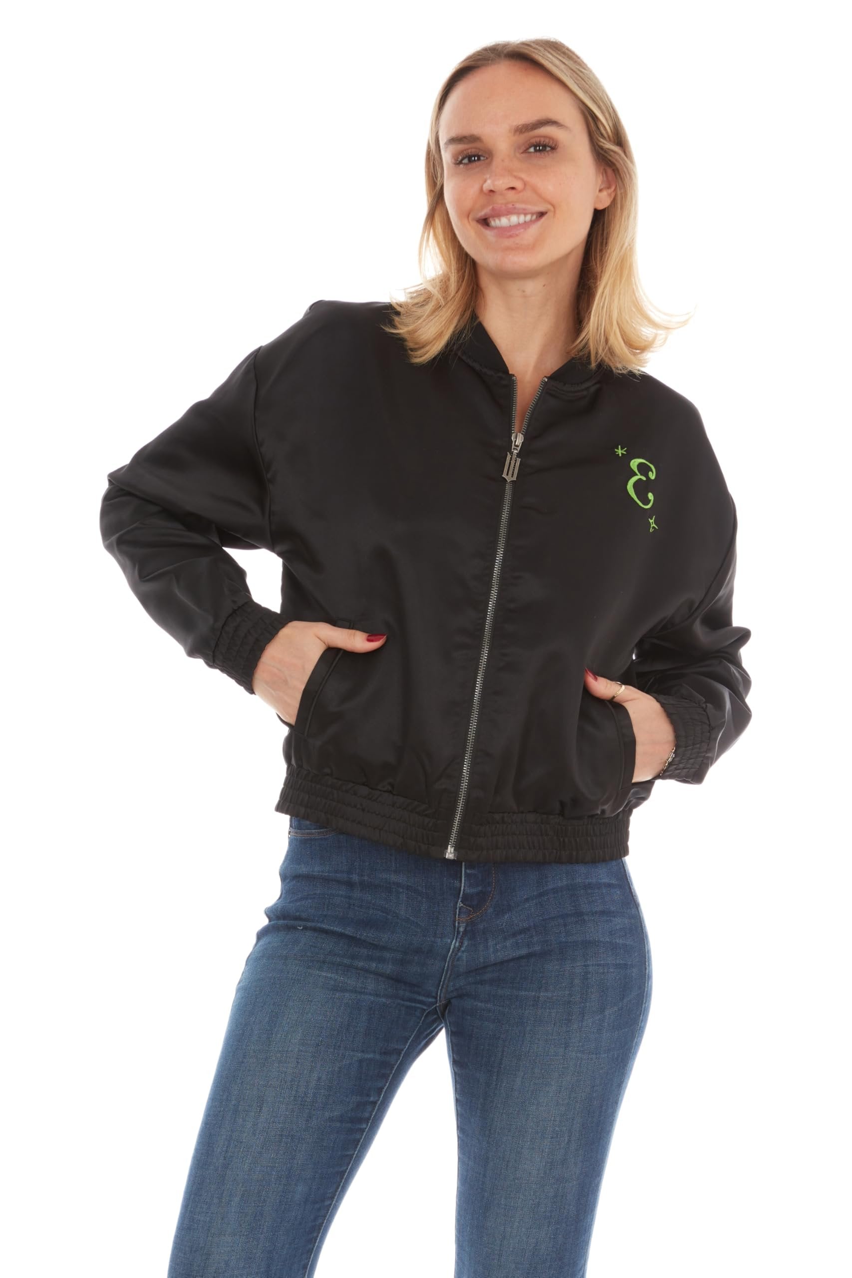wicked Elphaba Women’s, Ladies & Juniors Satin Bomber Jacket with Embroidery & Metallic Foil Back Graphic
