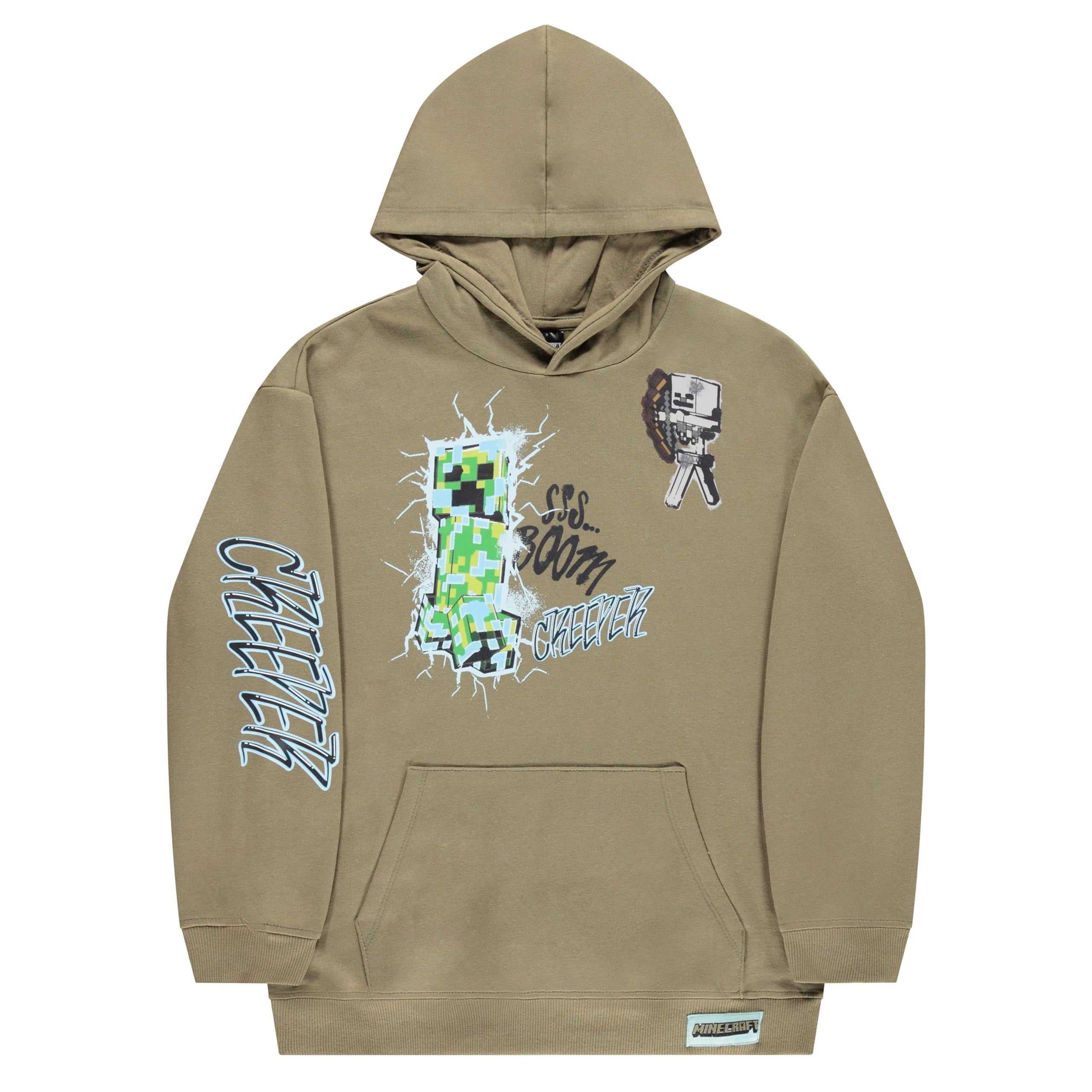 Minecraft Boys Pullover Hoodie, Creeper Graphic Fleece Sweatshirt, Olive Green, Sizes S–XL