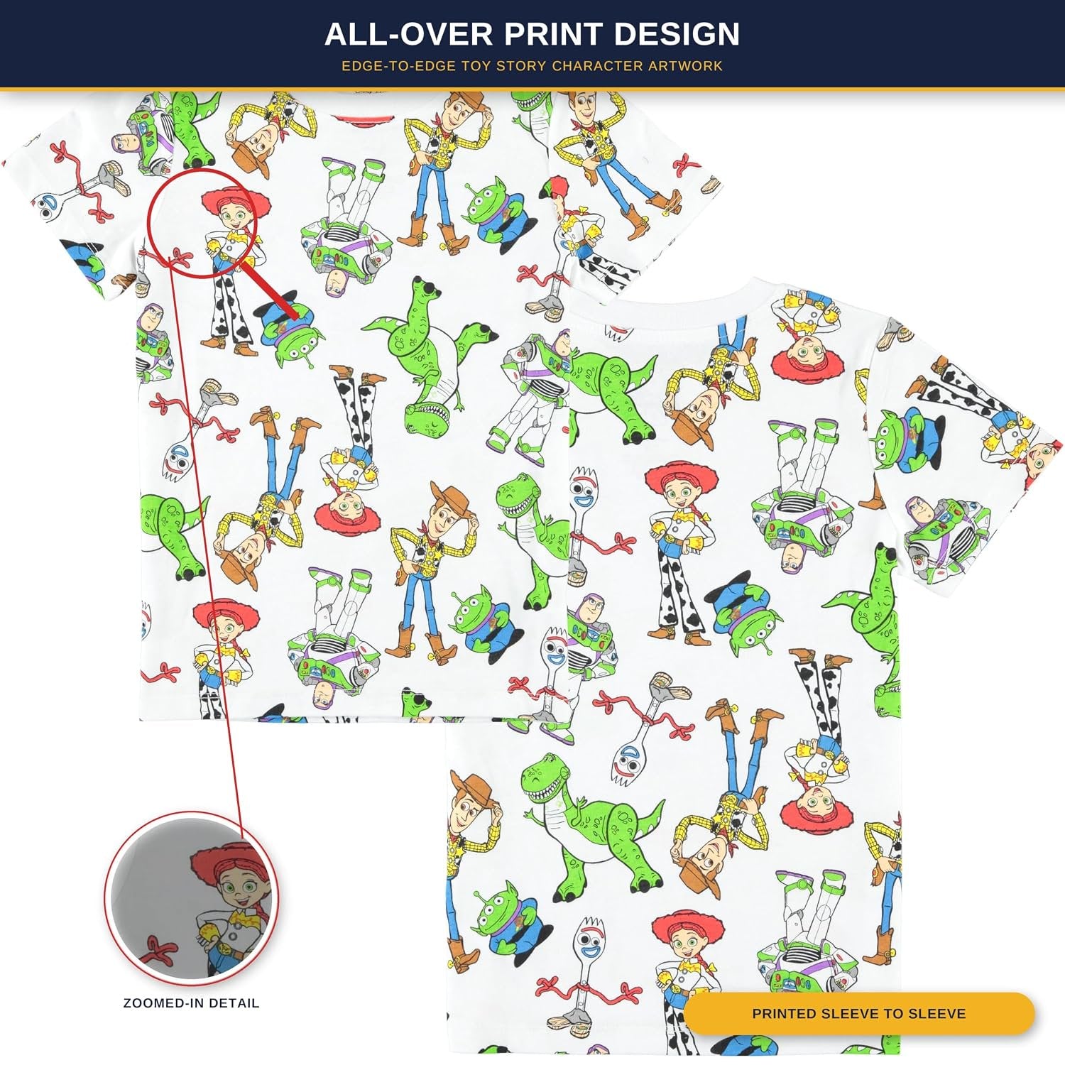 Disney Toy Story Boys Short Sleeve T-Shirt - All Over Print T-Shirt - Woody, Buzz, Forky, Jessie, Rex and Aliens