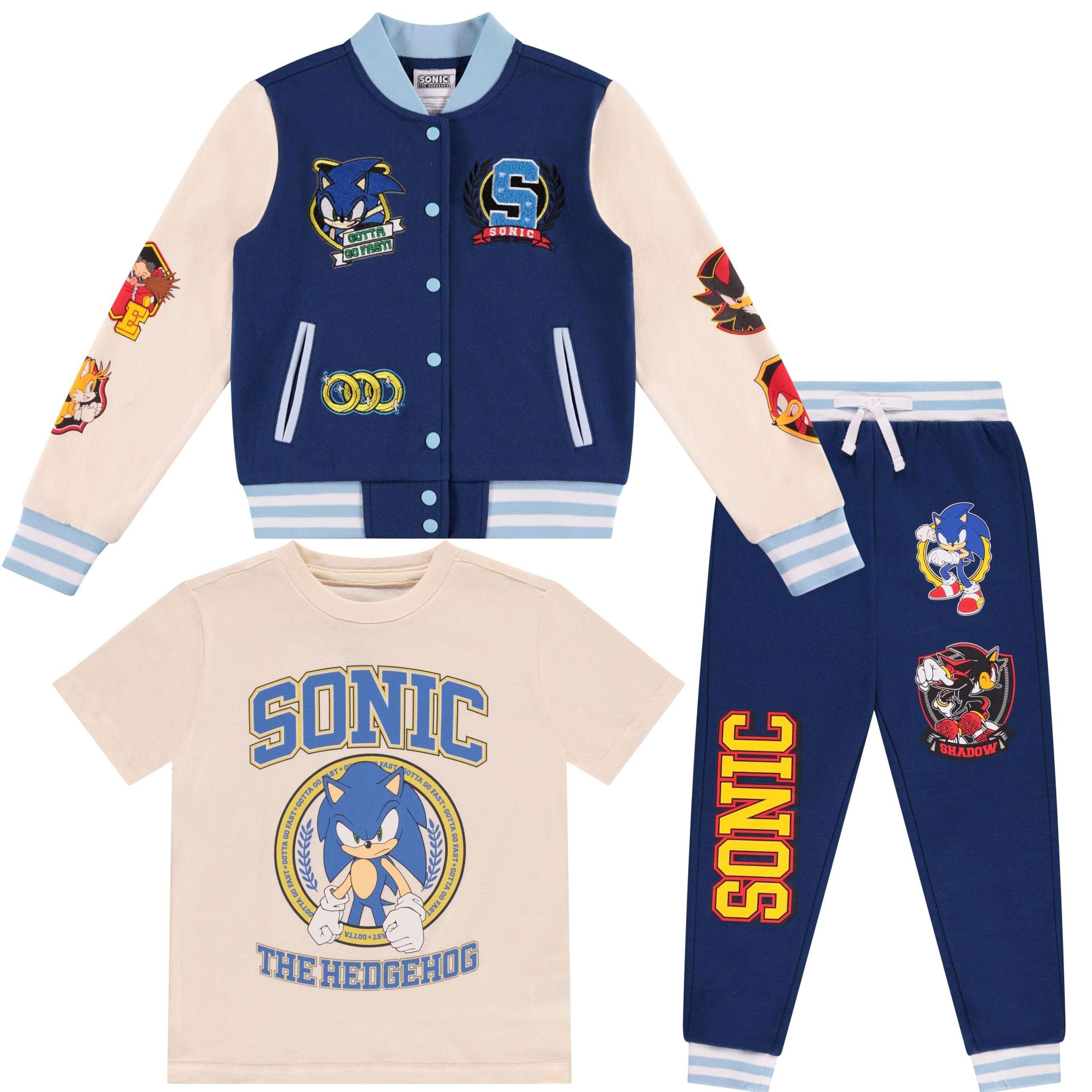 Sonic The Hedgehog Boys Varsity Jacket, T-Shirt and Jogger Sweatpants 3-Piece Outfit Set- Sizes 4-12