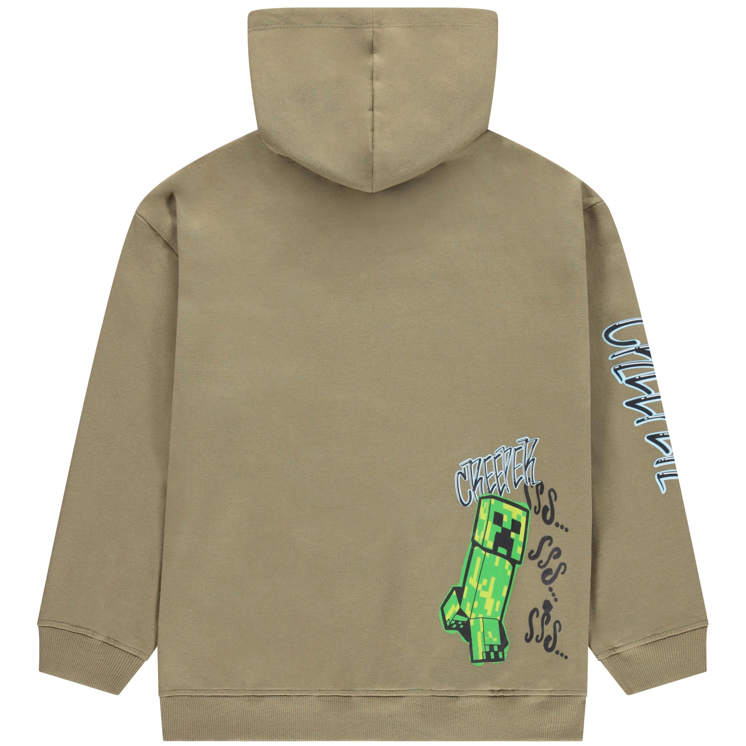Minecraft Boys Pullover Hoodie, Creeper Graphic Fleece Sweatshirt, Olive Green, Sizes S–XL