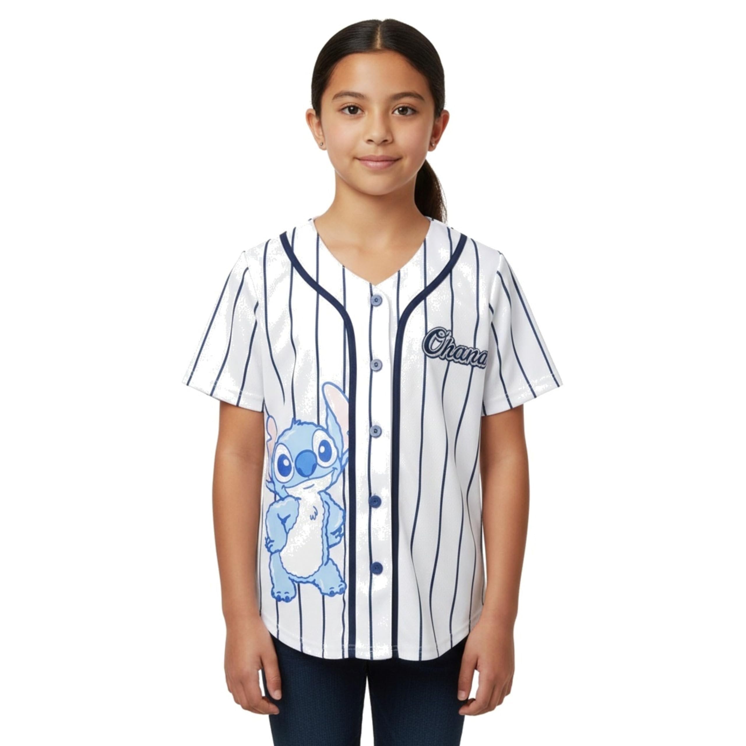 Disney Girls Baseball Jersey T-Shirt with Lilo & Stitch and Mickey Mouse- Girls Sizes 4-16 Hot Pink