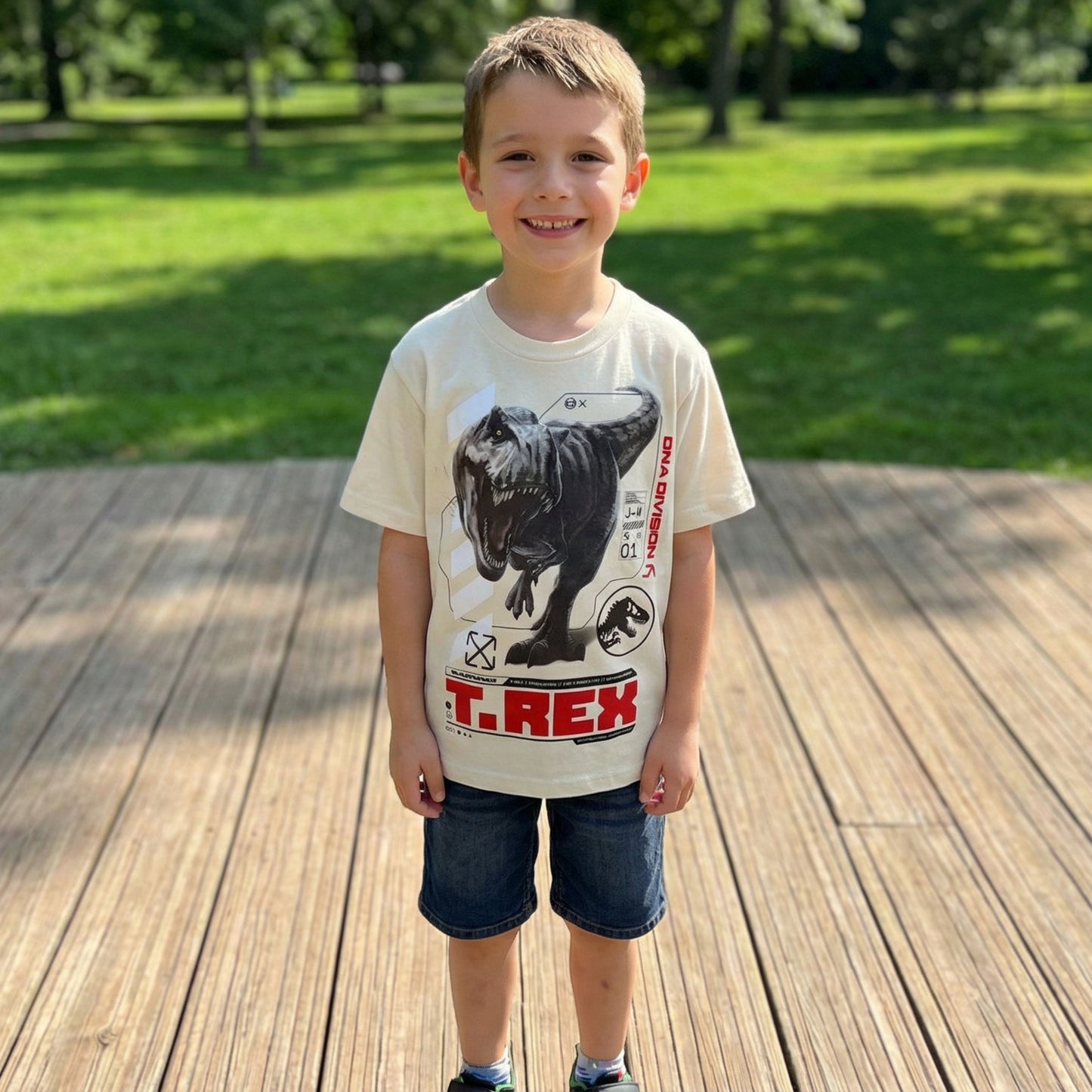 Jurassic World Boys Split Vertical Short Sleeve Tyrannosaurus Rex Dinosaur T-Shirt, Boys Sizes 8-16 (10/12, Black)