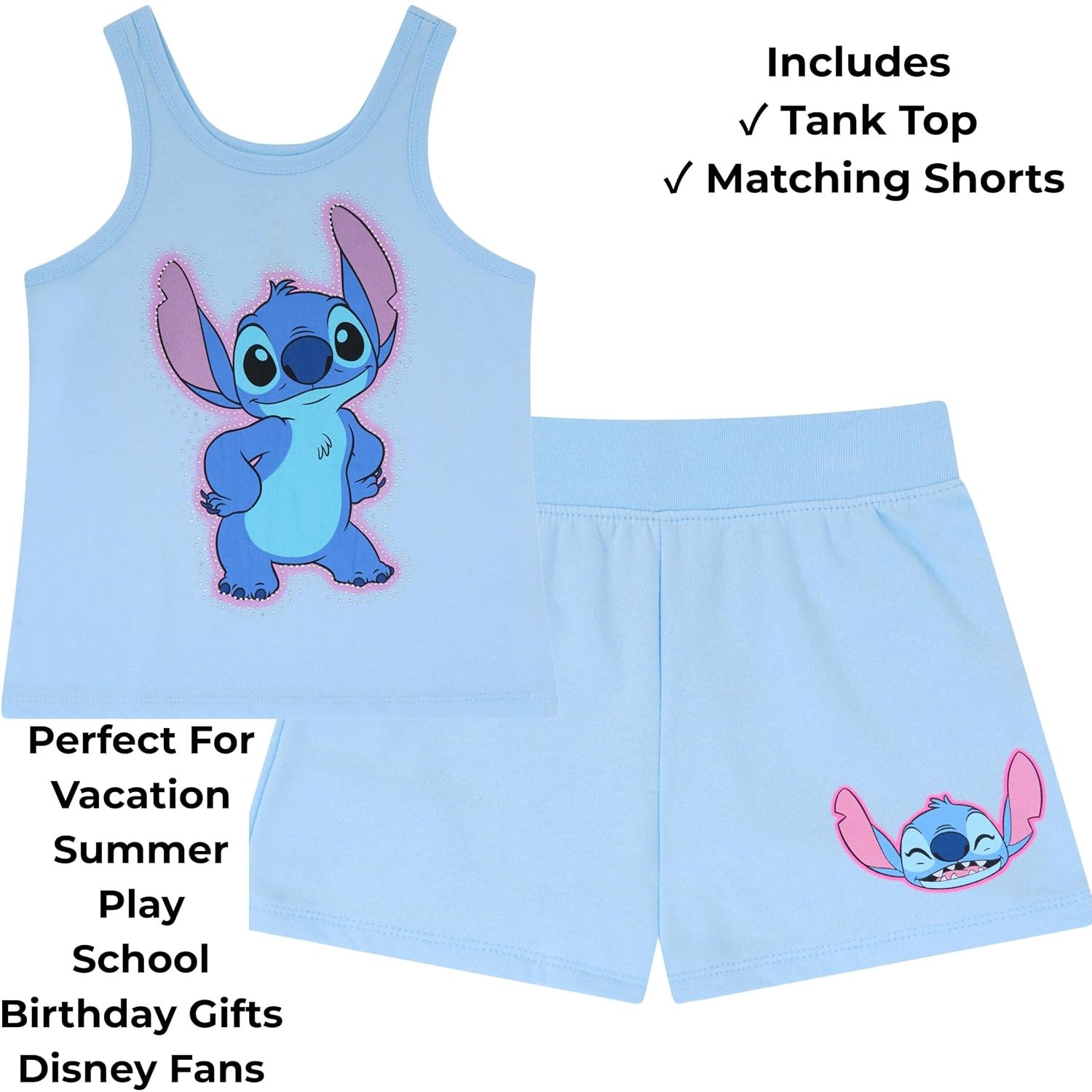 Disney Lilo & Stitch Girls 2 Piece Tank Top and Shorts Set – Gradient Rhinestone Graphic Summer Outfit