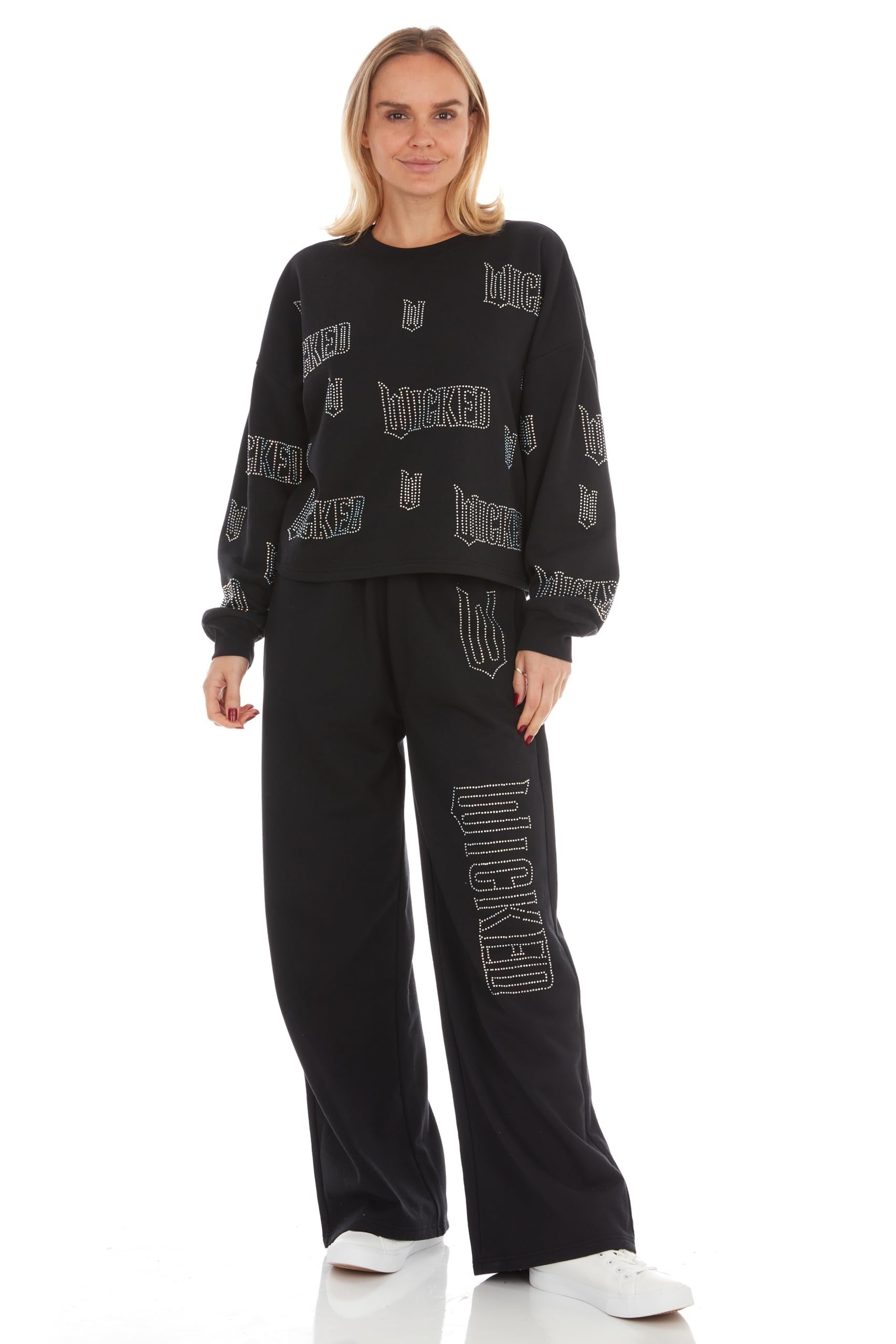 Wicked womens Wicked Women’s, Ladies & Juniors Black 2-piece Cropped Sweatshirt & Wide-leg Jogger Set With Iridescent RhinestonesSweatshirt & Pant Set