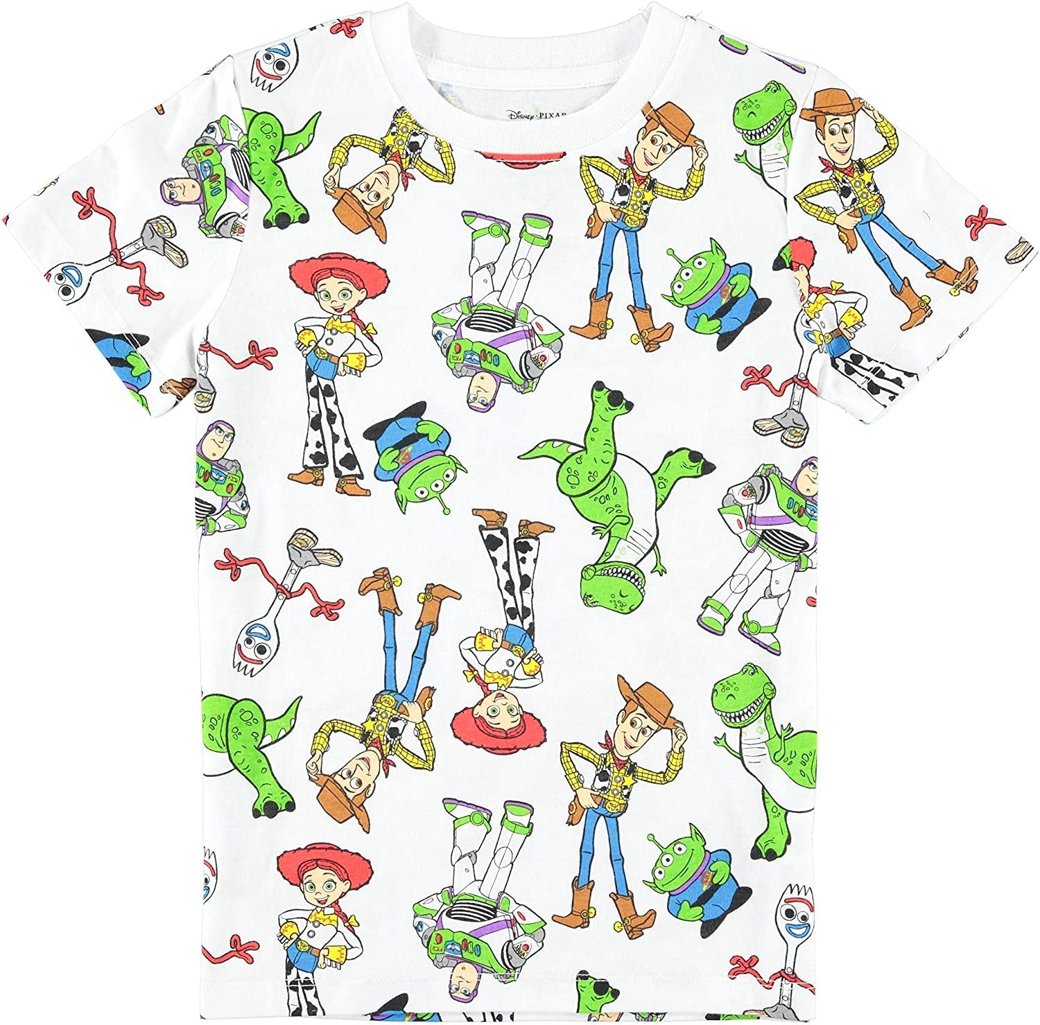 Disney Toy Story Boys Short Sleeve T-Shirt - All Over Print T-Shirt - Woody, Buzz, Forky, Jessie, Rex and Aliens