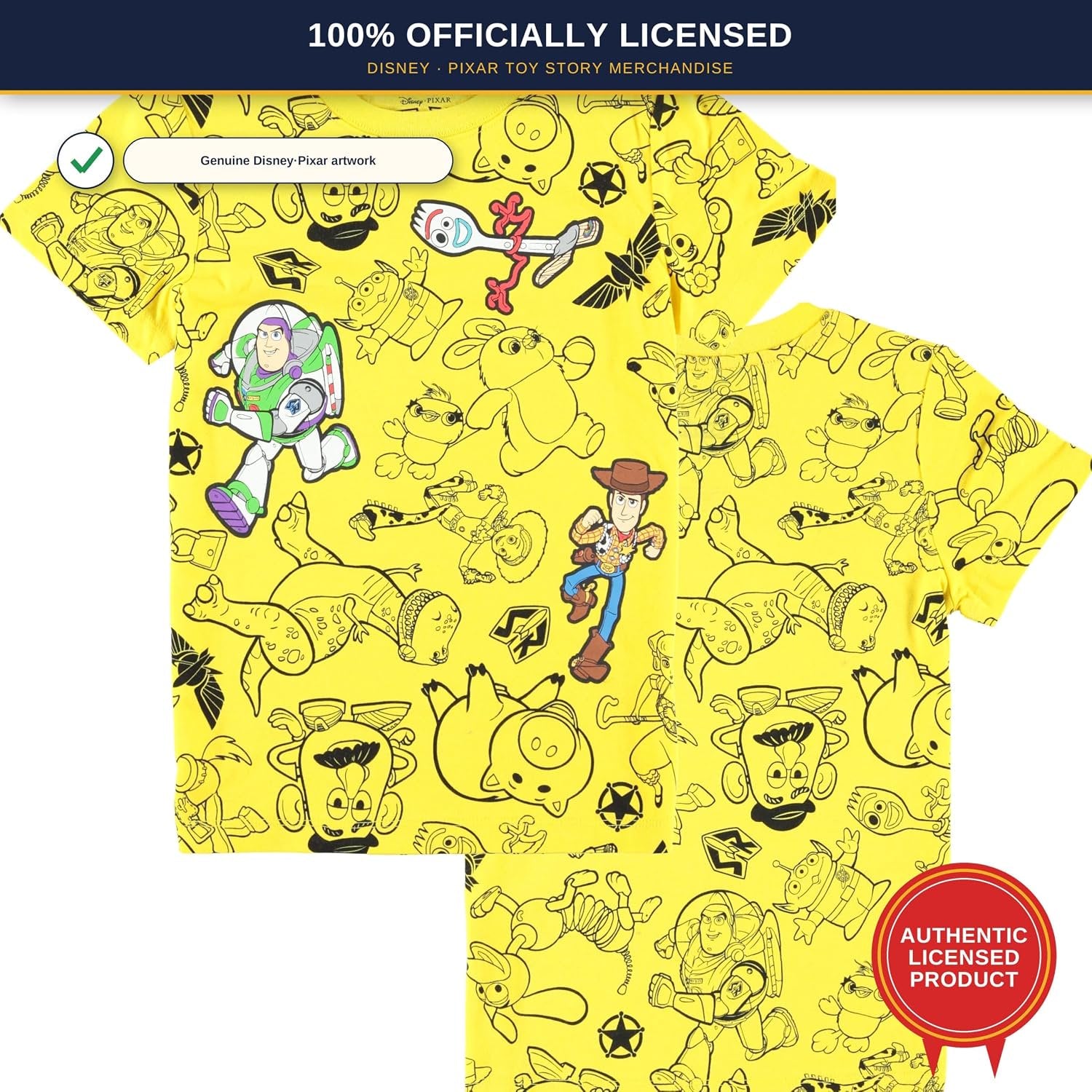 Disney Toy Story Boys Short Sleeve T-Shirt - All Over Print T-Shirt - Woody, Buzz, Forky, Jessie, Rex and Aliens