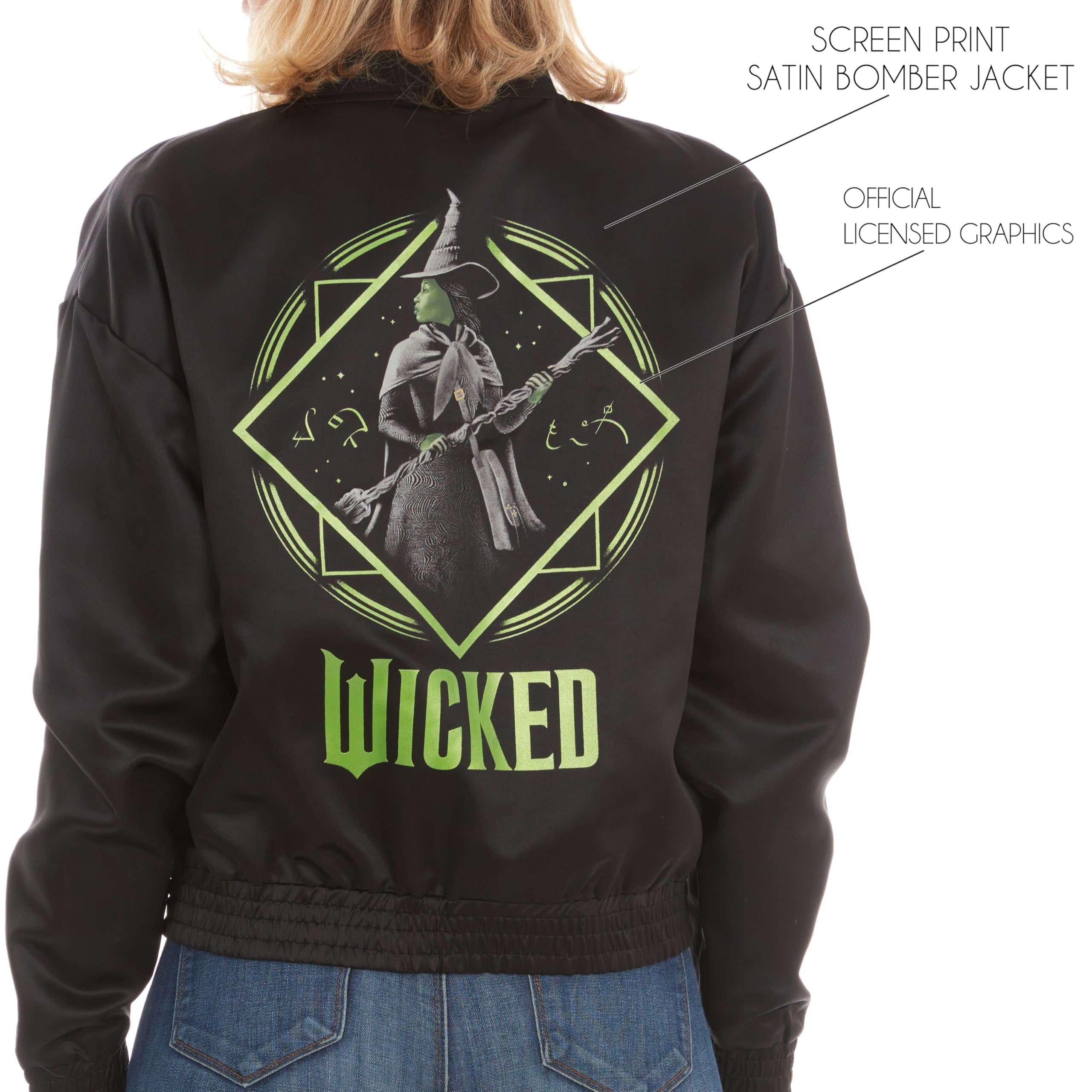 wicked Elphaba Women’s, Ladies & Juniors Satin Bomber Jacket with Embroidery & Metallic Foil Back Graphic