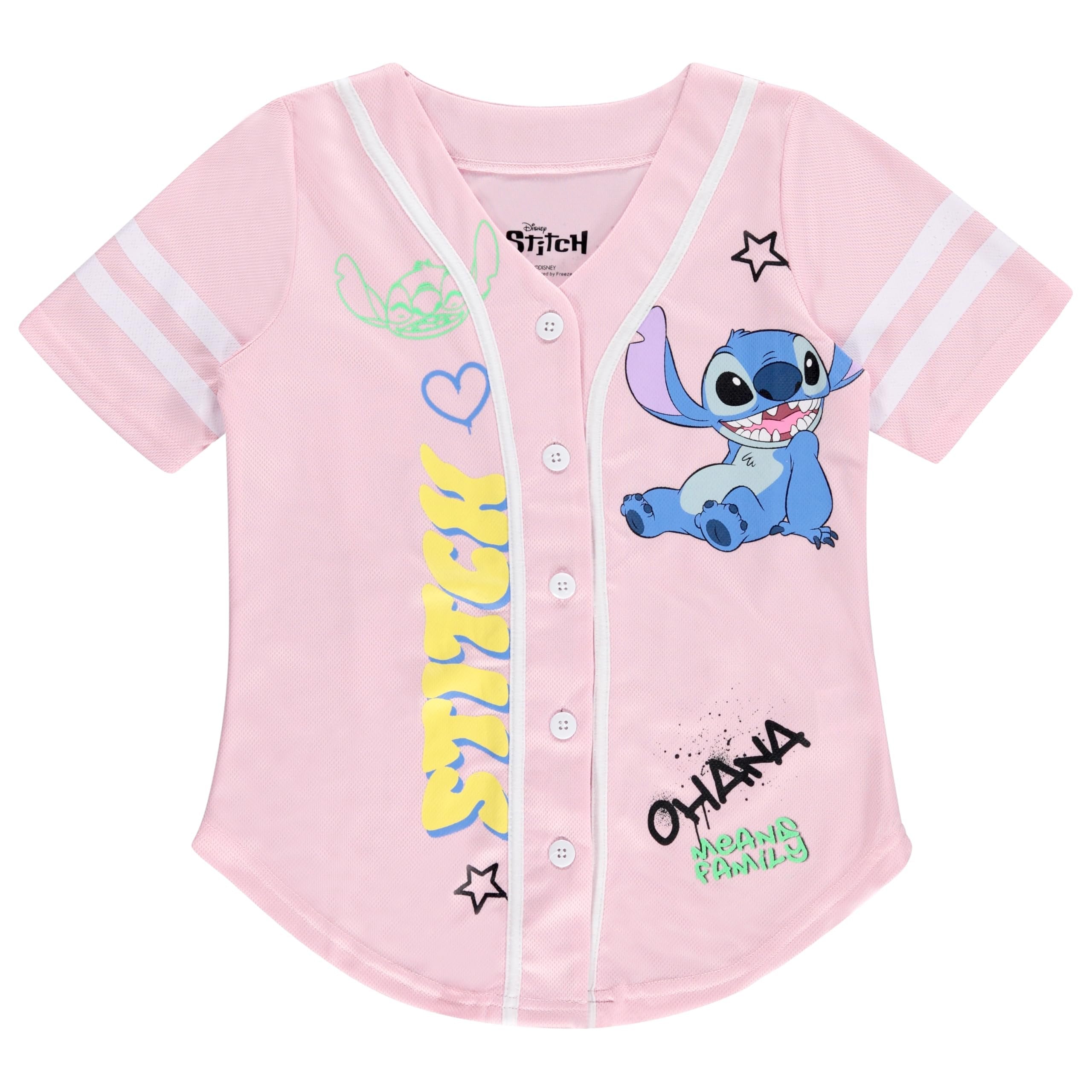 Disney Girls Baseball Jersey T-Shirt with Lilo & Stitch and Mickey Mouse- Girls Sizes 4-16 Hot Pink