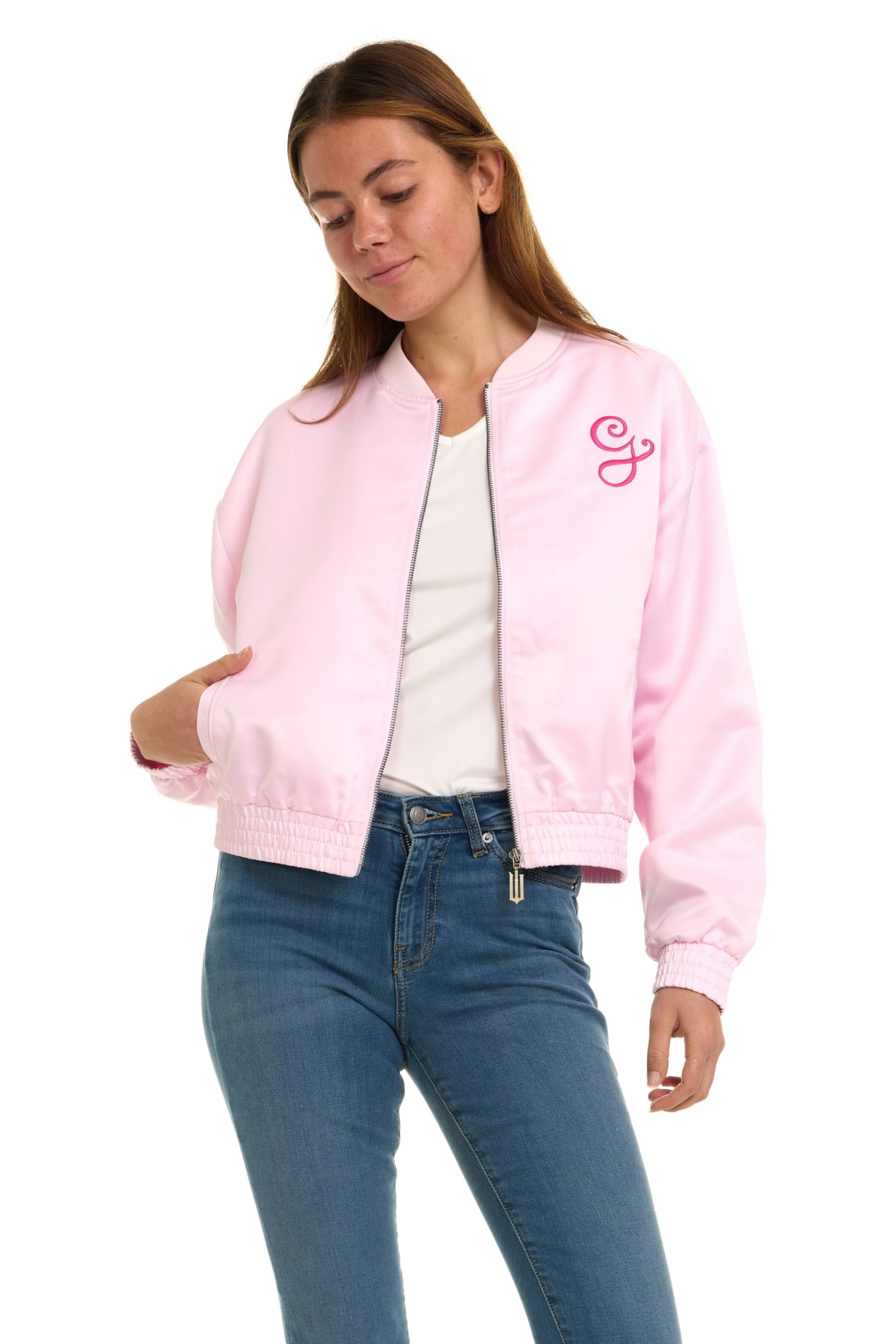 wicked Glinda Women’s, Ladies & Juniors Pink Satin Bomber Jacket with Embroidery & Metallic Foil Back Print