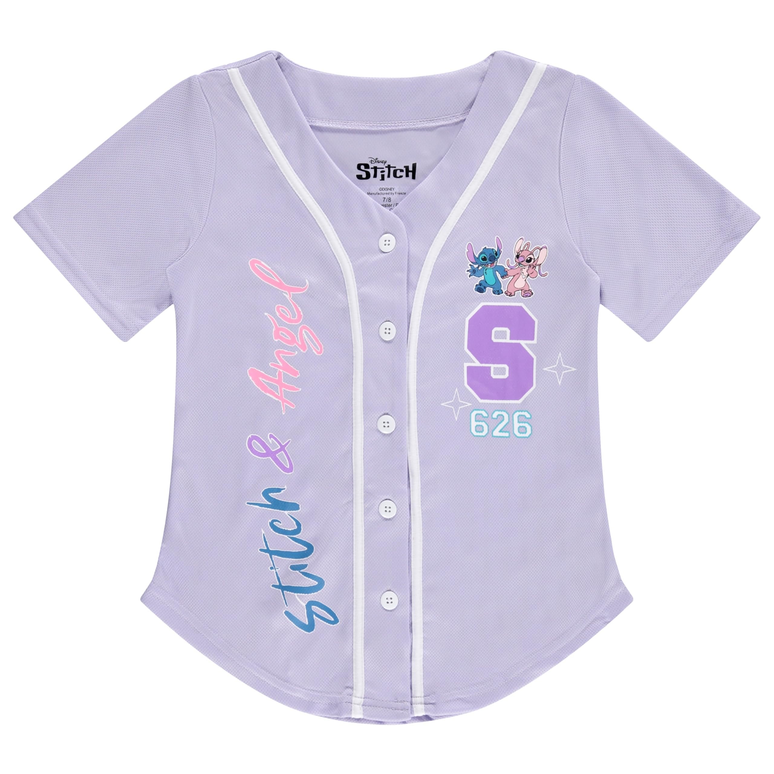 Disney Girls Baseball Jersey T-Shirt with Lilo & Stitch and Mickey Mouse- Girls Sizes 4-16 Hot Pink