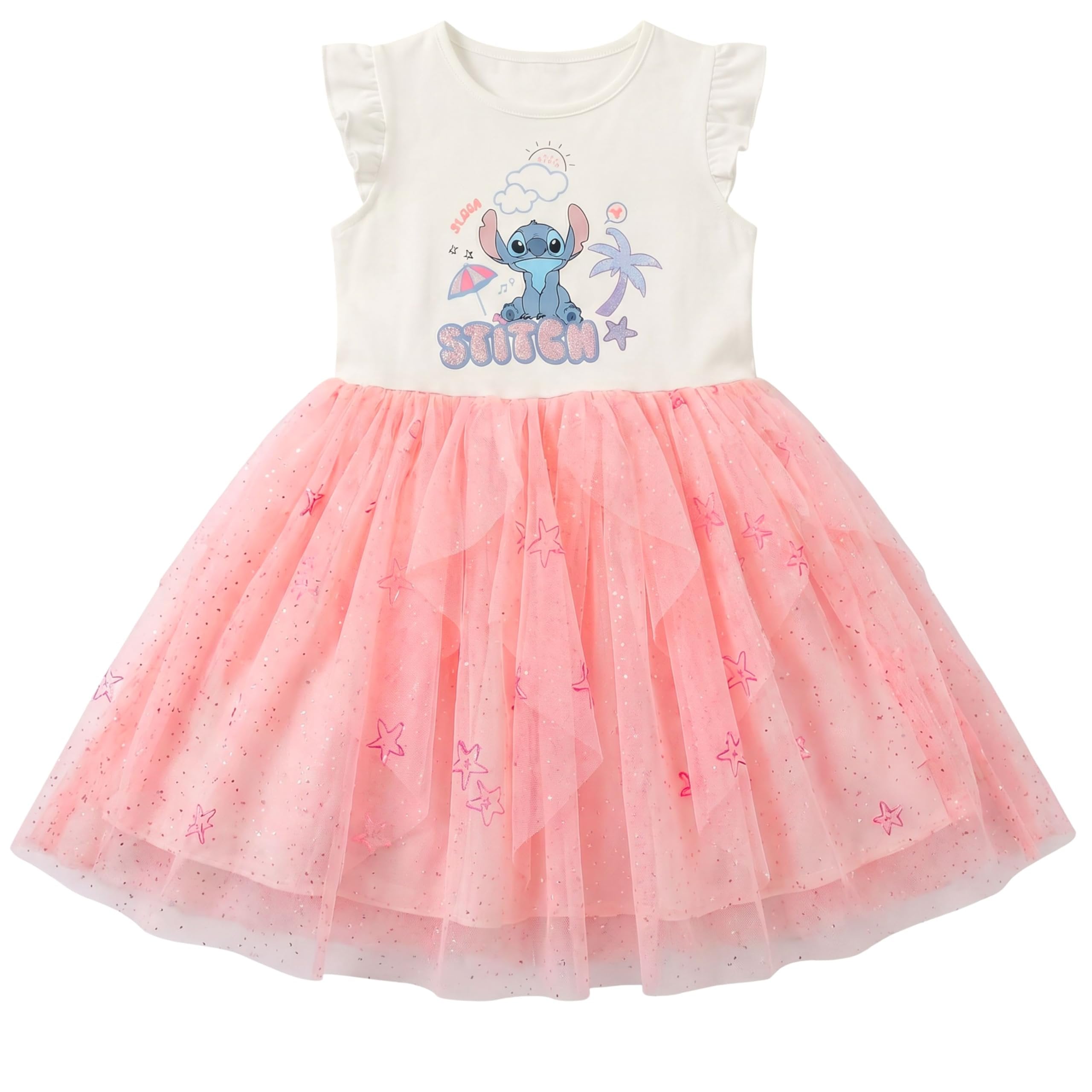 Disney Lilo & Stitch Girls Tulle Dress, Ruffle Sleeve Stitch Dress with Glitter Skirt, Little Girls Sizes 4-6X