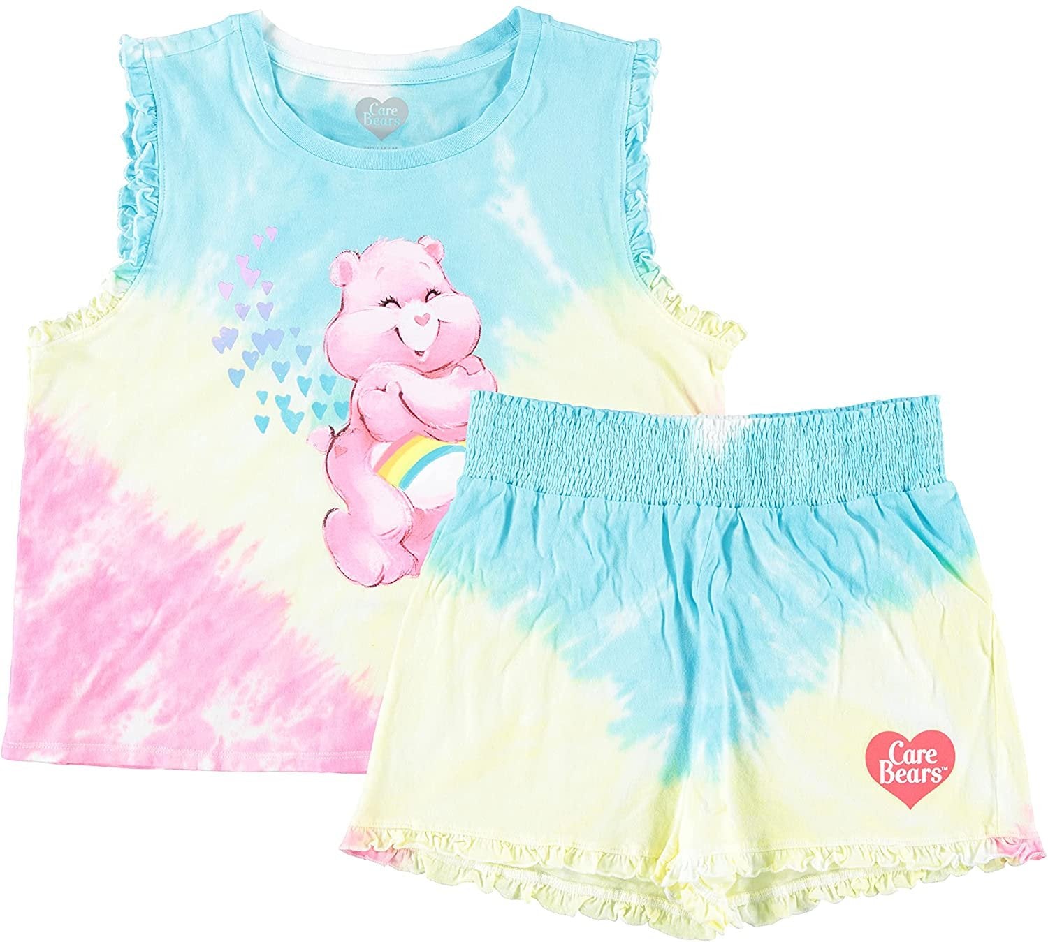 Care Bears Woman's Juniors Tie Dye Crop Tee and Shorts - Cheer Bear Tie Dye Set