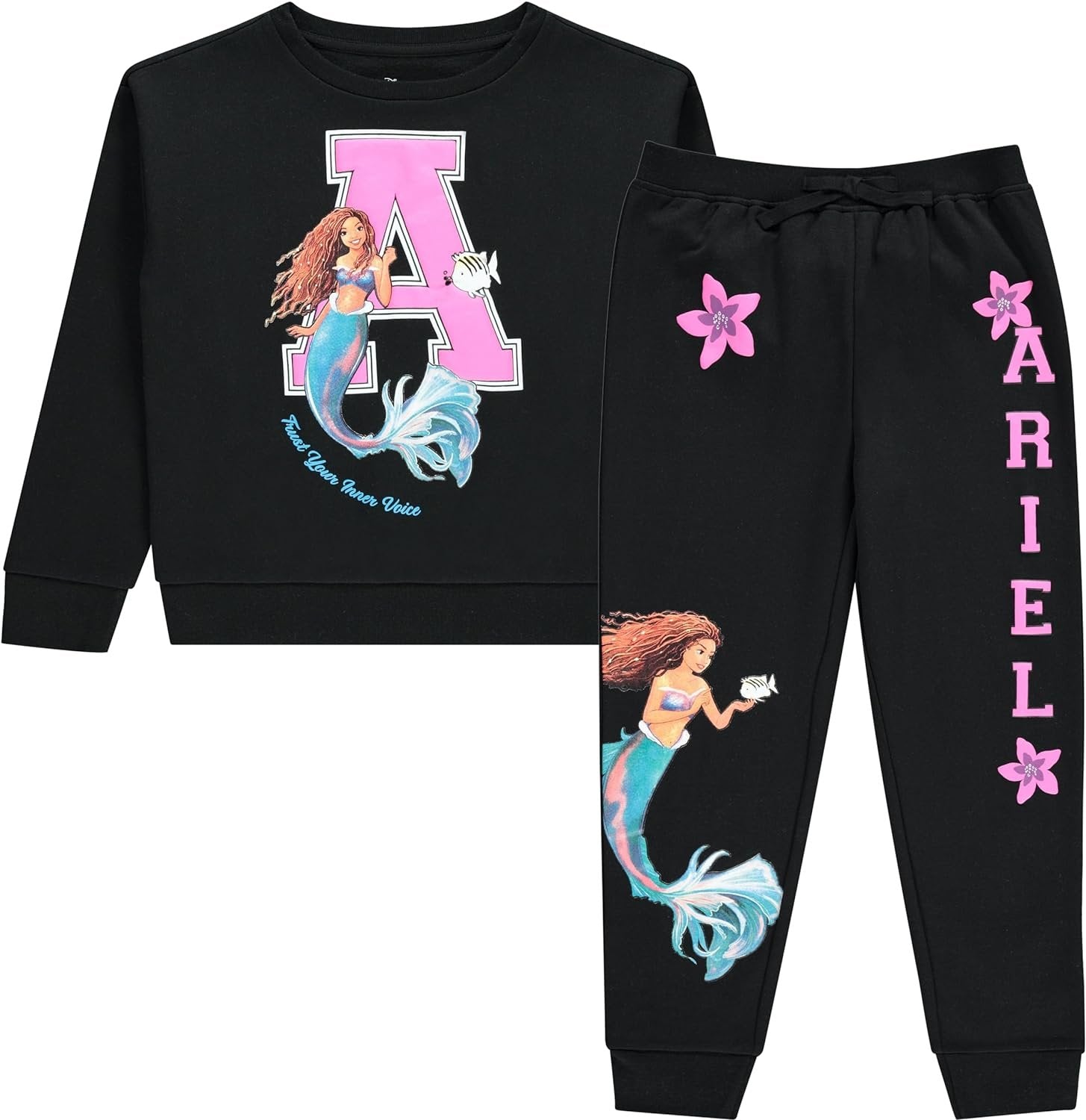 Disney Girls the Little Mermaid Movie Girls Fleece Skimmer Hoodie & Jogger 2pc Set - Ariel, Flounder, Sebastian