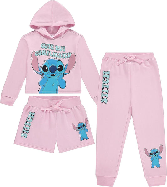 Disney Girls Lilo & Stitch Clothing Set - Stitch Sweatshirt Hoodie, Shorts and Jogger - 3-Piece Outfit Set - Sizes 4-16