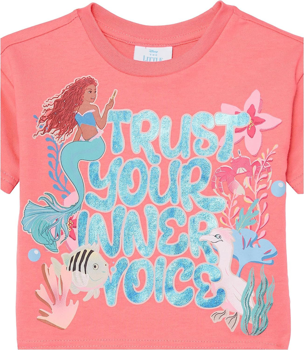 Disney Girls the Little Mermaid Movie Girls French Terry Tee & Short Set - Ariel, Flounder, Sebastian