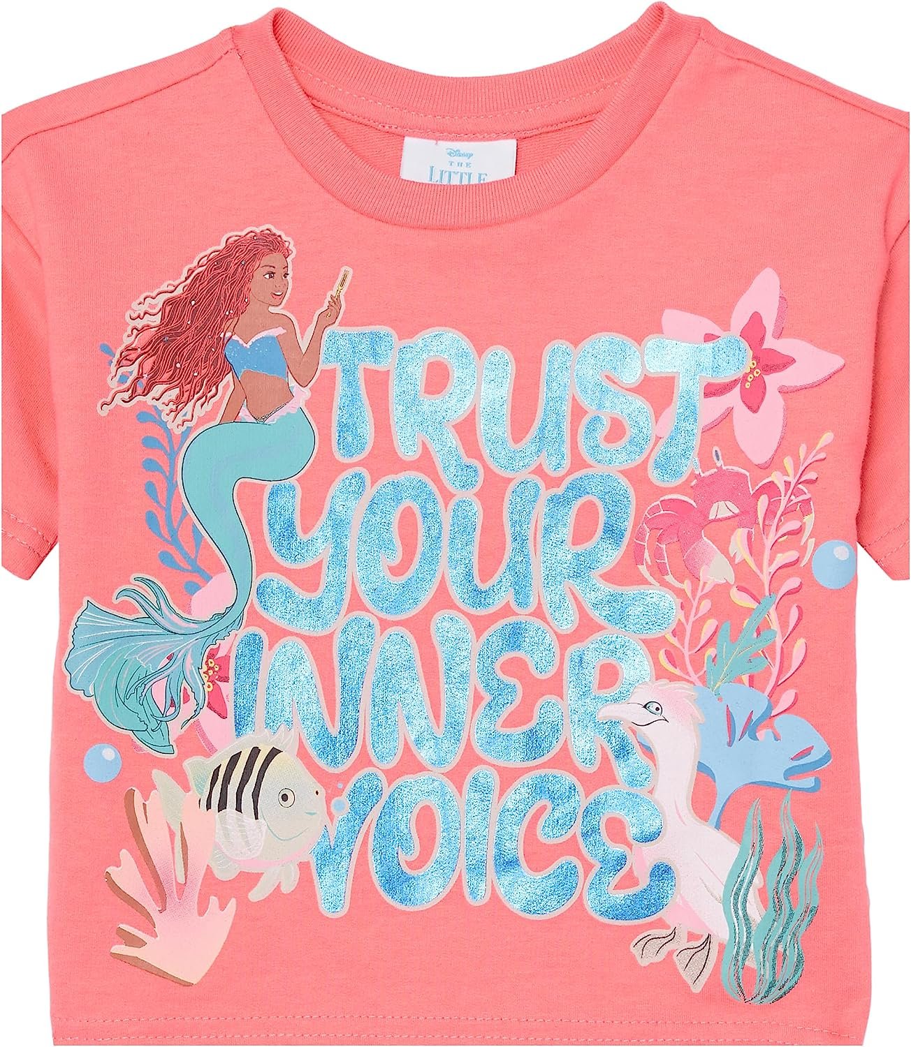 Disney Girls the Little Mermaid Movie Girls French Terry Tee & Short Set - Ariel, Flounder, Sebastian