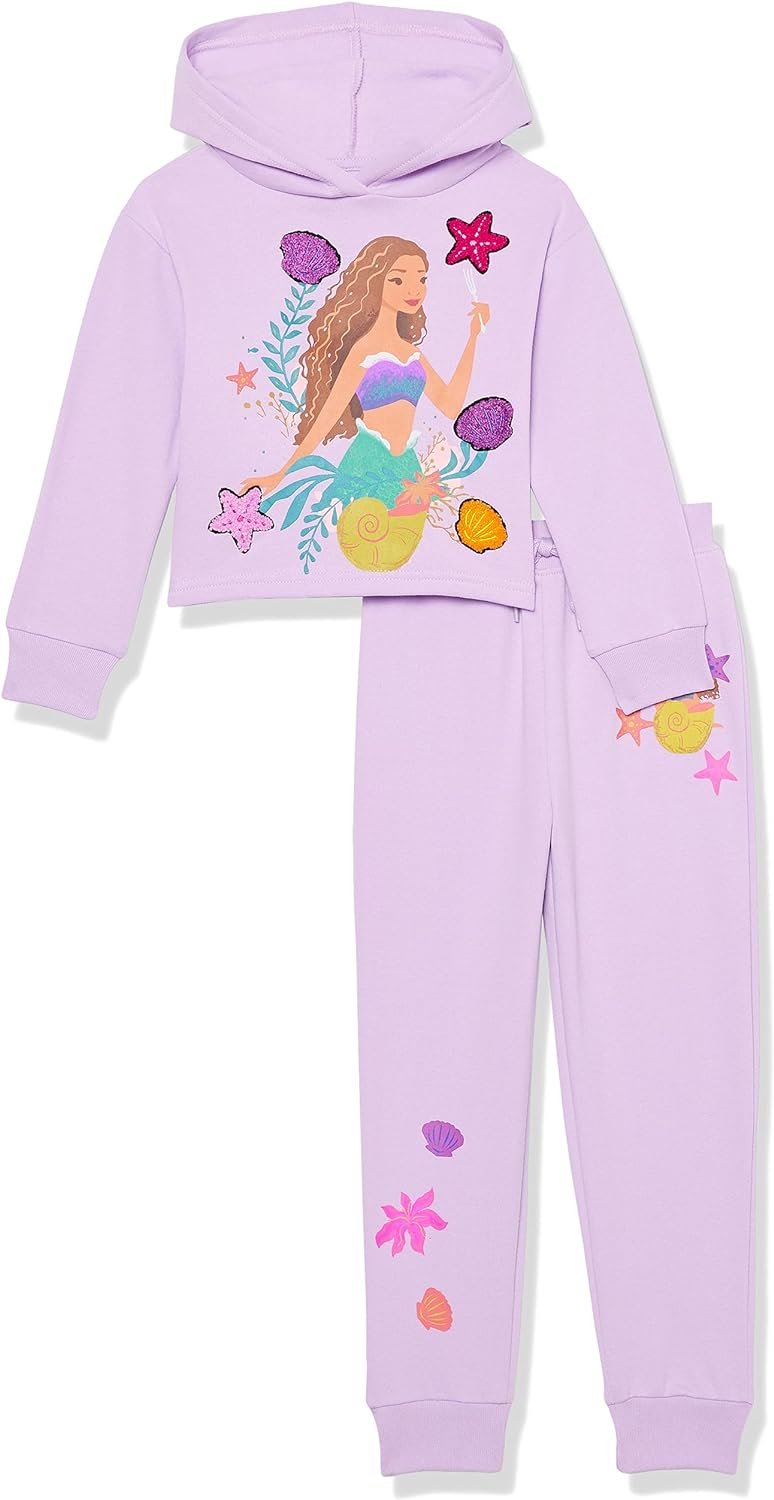 Disney Girls the Little Mermaid Movie Girls Fleece Skimmer Hoodie & Jogger 2pc Set - Ariel, Flounder, Sebastian