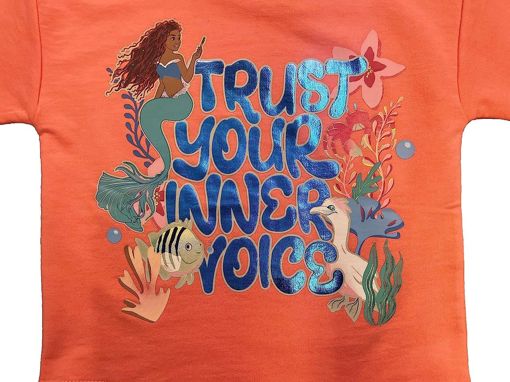 Disney Girls the Little Mermaid Movie Girls French Terry Tee & Short Set - Ariel, Flounder, Sebastian